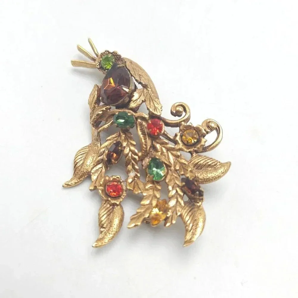 Vintage Gold Tone Floral Brooch With Multicolor Rhinestones Heavy 1960s